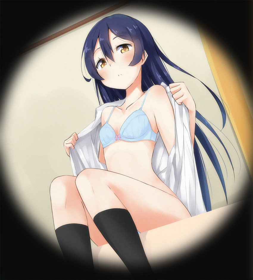 blue_hair blush bra flat_chest highres long_hair looking_at_viewer love_live! love_live!_school_idol_project masamuuu open_clothes peephole solo sonoda_umi underwear undressing yellow_eyes