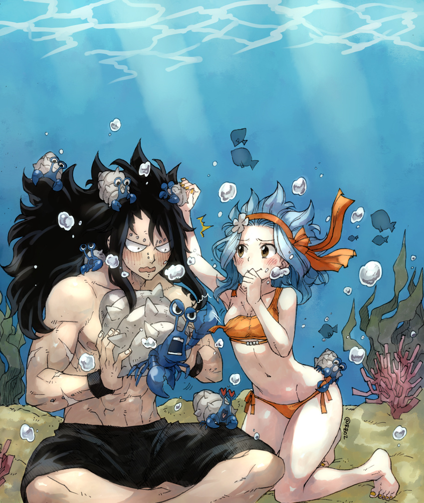 1girl air_bubble barefoot bikini black_hair blue_hair blush breasts breath bubble claws couple eyebrow_piercing fairy_tail freediving gajeel_redfox hermit_crab hetero highres holding_breath levy_mcgarden male_swimwear nose_piercing piercing rusky shell shirtless small_breasts spiked_hair swim_trunks swimsuit swimwear underwater