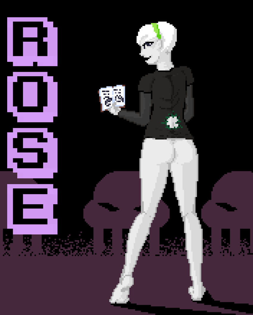 barefoot black_eyes book bottomless butt clothed clothing digital_media_(artwork) female hair headband homestuck human mammal ms_paint_adventures pinup pixel_(artwork) pose rose_lalonde solo spoiledmysterymeat white_hair young