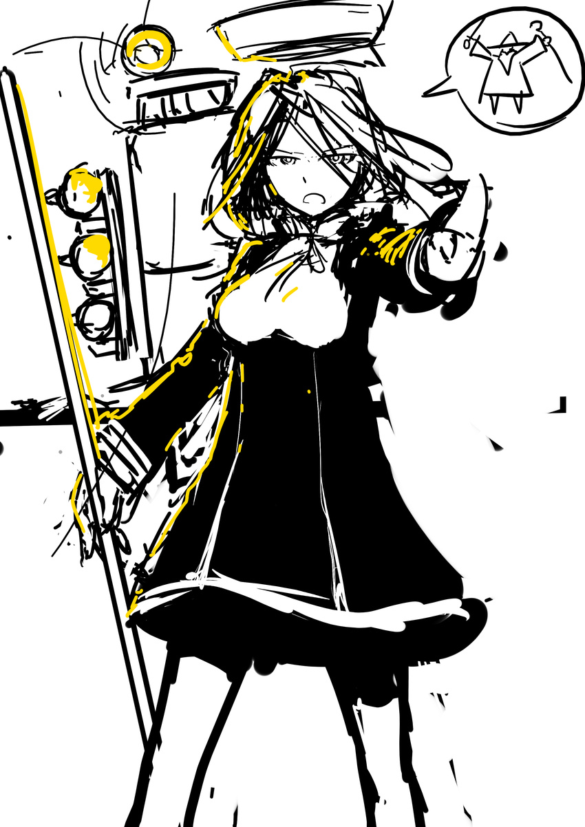 absurdres backlighting dress gandalf hair_blowing highres holding holding_weapon kantai_collection looking_at_viewer lord_of_the_rings mecha_musume mechanical_halo monochrome polearm sate searchlight sketch solo spear spoken_person spot_color stop tatsuta_(kantai_collection) weapon you_shall_not_pass