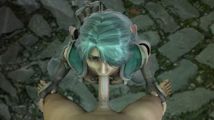 1girl 3d dark_skin fellatio green_eyes green_hair namco soul_calibur squating talim