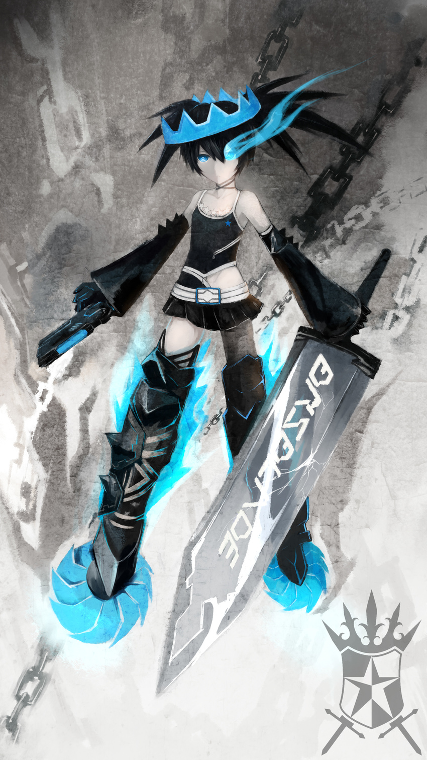 absurdres black_hair black_rock_shooter black_rock_shooter_(character) black_rock_shooter_beast blue_eyes boots burning_eye chain commentary gun highres long_sword midriff miniskirt navel pale_skin pleated_skirt poke_(610366737) skirt solo sword tank_top thigh_boots thighhighs twintails weapon zipper