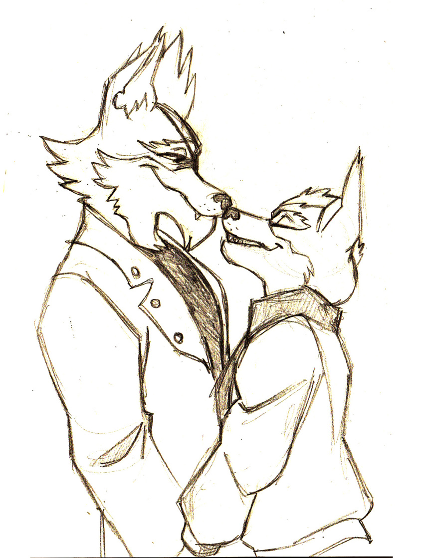 anthro canine clothed clothing cute duo eye_patch eyes_closed eyewear fox fox_mccloud hand_holding male male/male mammal monochrome nintendo nuzzling silk-ward smile star_fox traditional_media_(artwork) video_games wolf wolf_o'donnell