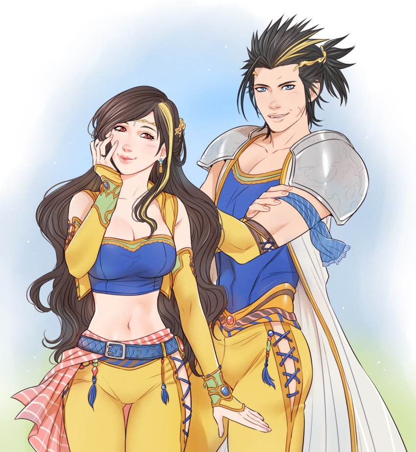 1boy 1girl alternate_costume arm_ribbon armor bare_shoulders belt belt_buckle black_hair blonde_hair blue_belt blue_ribbon blue_shirt breasts brown_hair buckle celes_chere celes_chere_(cosplay) circlet cleavage closed_mouth cosplay cow cropped_vest cross_scar crossed_arms crylin6 detached_sleeves earrings final_fantasy final_fantasy_vi final_fantasy_vii gold_trim hand_on_own_cheek hand_on_own_face highres jewelry large_breasts midriff multicolored_hair navel pants parted_lips pauldrons ponytail ribbon sash scar scar_on_cheek scar_on_face shirt shoulder_armor sideburns smile strapless streaked_hair swept_bangs tifa_lockhart tube_top vest waist_sash yellow_pants yellow_sleeves yellow_vest zack_fair