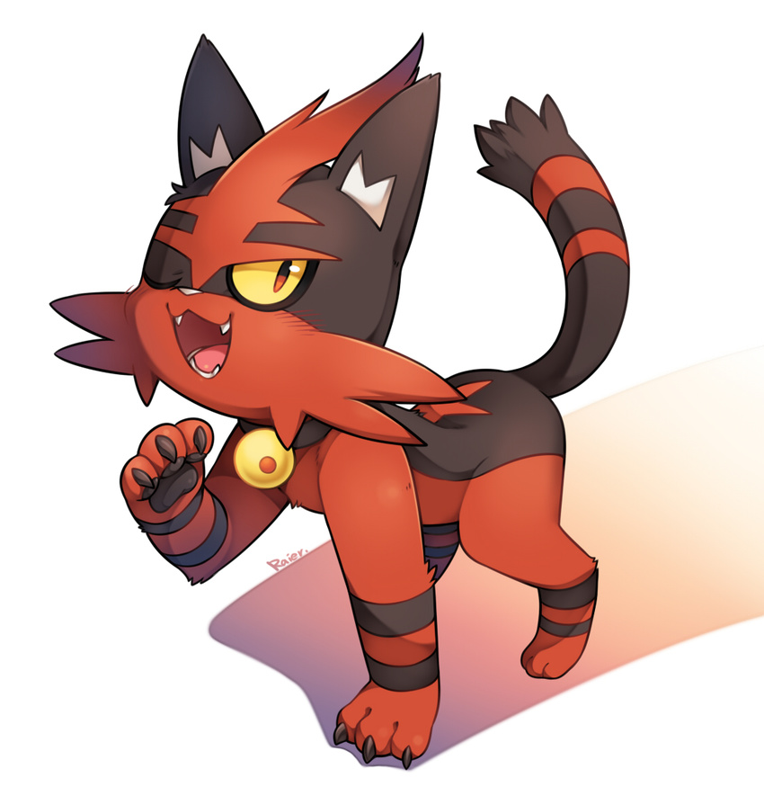 ;d artist_name fangs full_body gen_7_pokemon gradient jimmy2929 looking_at_viewer no_humans one_eye_closed open_mouth pokemon pokemon_(creature) red_eyes smile solo torracat white_background yellow_sclera