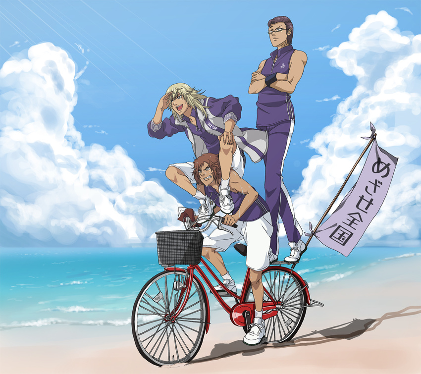 beach bicycle blonde_hair brown_hair carrying cloud day glasses ground_vehicle hirakoba_rin kai_yuujirou kite_eishirou multiple_boys multiple_riders ocean outdoors purple_hair riding shorts shoulder_carry sky sportswear standing sweat tan tennis_no_ouji-sama tennis_uniform translated z_aft138420