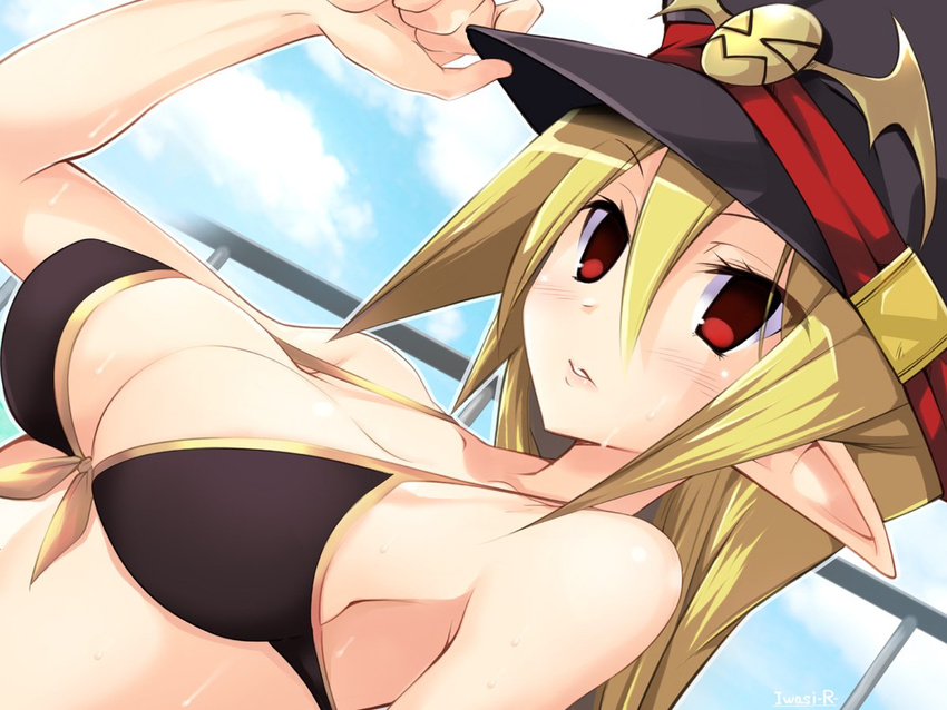 artist_name bikini black_bikini black_hat blonde_hair disgaea dutch_angle front-tie_bikini front-tie_top hat iwasi-r long_hair looking_at_viewer makai_senki_disgaea_3 pointy_ears red_eyes salvatore_(disgaea) solo swimsuit upper_body