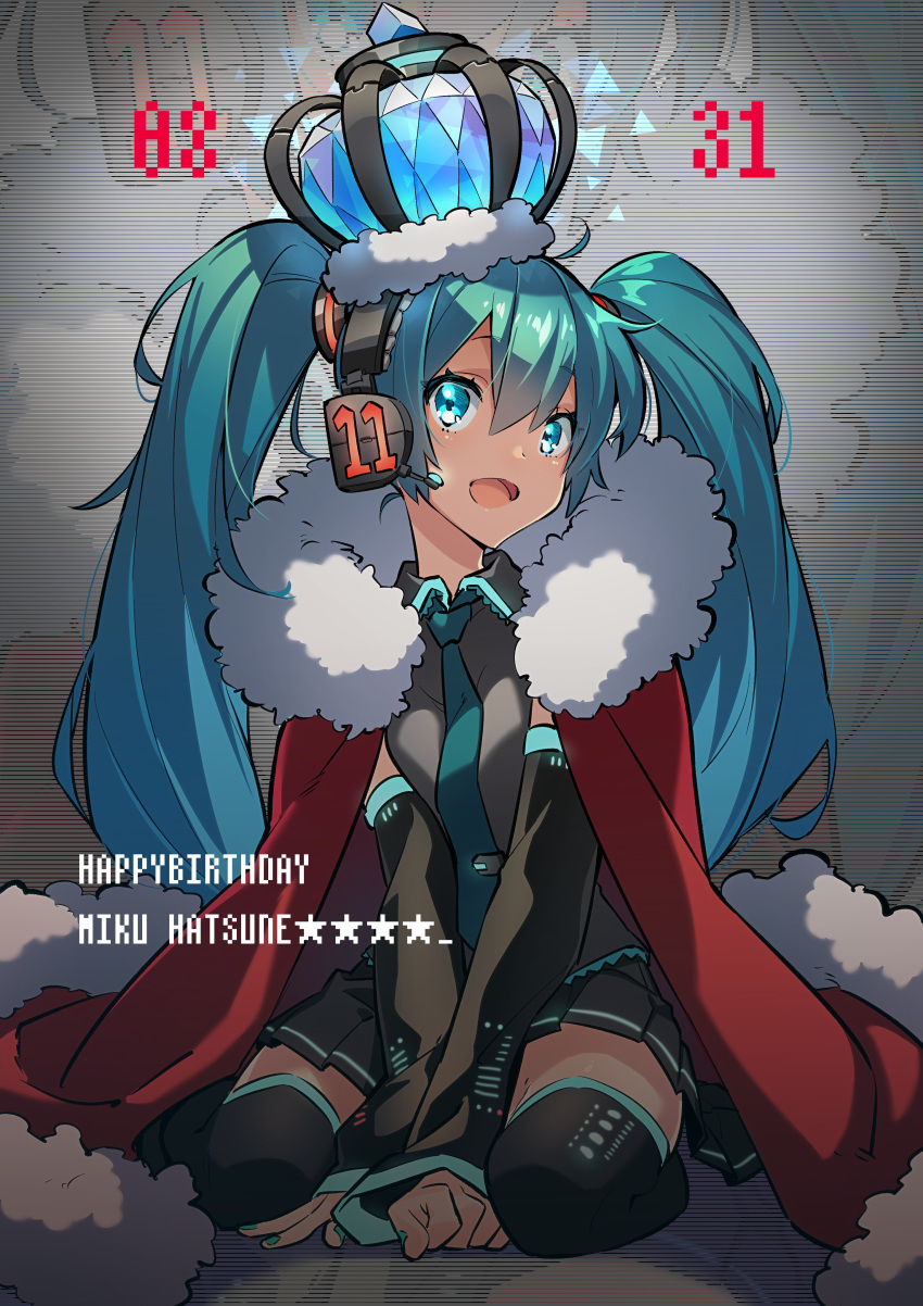 1girl :d absurdres between_legs black_legwear black_skirt blue_eyes blue_hair blue_nails blue_neckwear character_name collared_shirt commentary_request crown detached_sleeves english fingernails grey_shirt hair_between_eyes hand_between_legs happy_birthday hatsune_miku headphones highres long_hair looking_at_viewer nail_polish necktie open_mouth pleated_skirt romaji_commentary shirt sitting skirt smile solo thighhighs twintails very_long_hair vocaloid westxost_(68monkey) wing_collar
