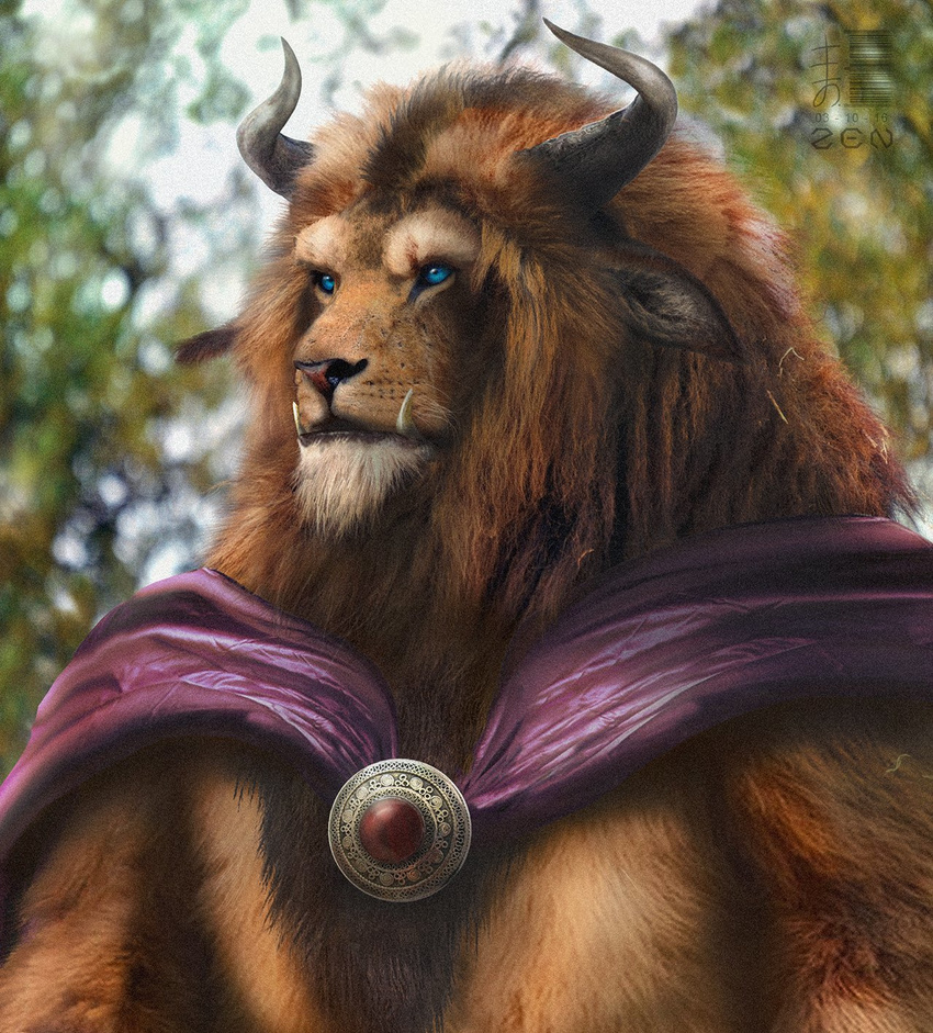 2016 anthro beast_(disney) blue_eyes brown_fur cape clothing day detailed_background disney edit fur hi_res horn male monster outside photo_manipulation photomorph sharp_teeth solo teeth zen