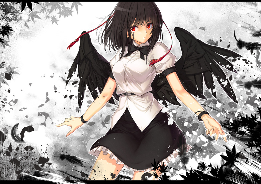 arms_at_sides bad_id bad_pixiv_id belt bird_wings black_bow black_hair black_neckwear black_skirt black_wings bow bowtie breasts cibo_(killy) closed_mouth cowboy_shot dress_shirt feathered_wings feathers frills hat leaf looking_at_viewer maple_leaf medium_breasts miniskirt puffy_short_sleeves puffy_sleeves red_eyes shameimaru_aya shirt shoot_the_bullet short_sleeves sideways_glance skirt solo tokin_hat touhou white_shirt wings wristband