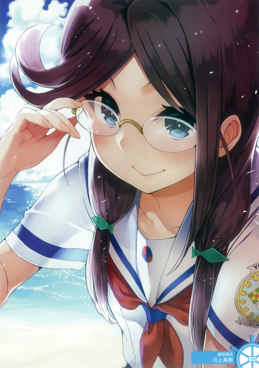 absurdres adjusting_eyewear black_hair blue_eyes collarbone fish_hair_ornament fujita_yui glasses hair_ornament high_school_fleet highres kawakami_masaki long_hair shirt short_sleeves smile solo upper_body white_shirt yokosuka_girls_marine_high_school_uniform