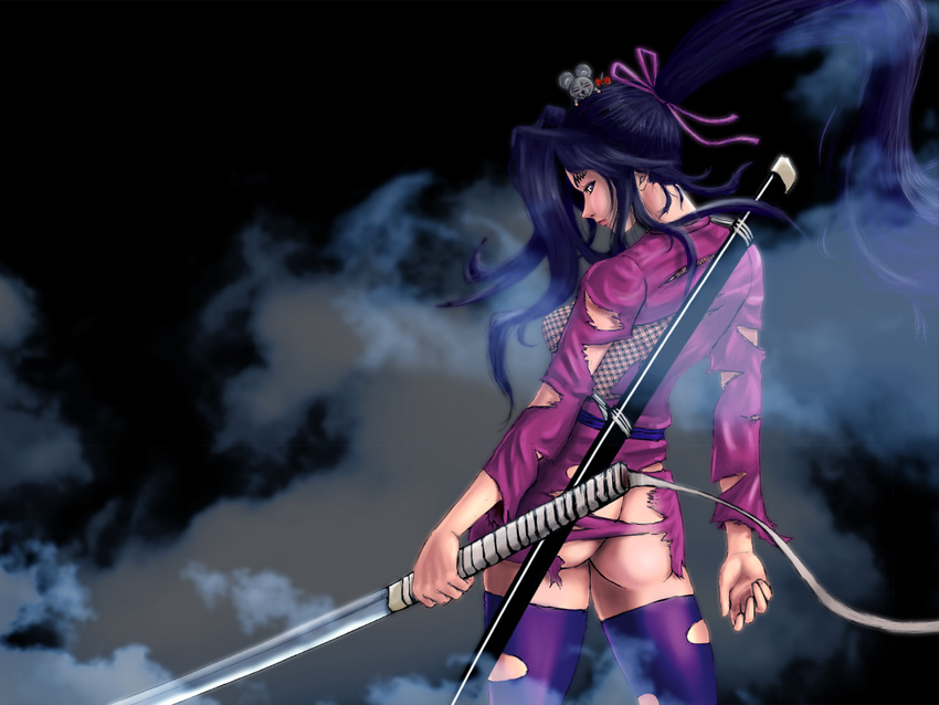 1girl ass bottomless breasts japanese_clothes katana kimono kousaka_shigure looking_back purple_hair purple_legwear shijou_saikyou_no_deshi_ken'ichi sword thighhighs torn_clothes weapon