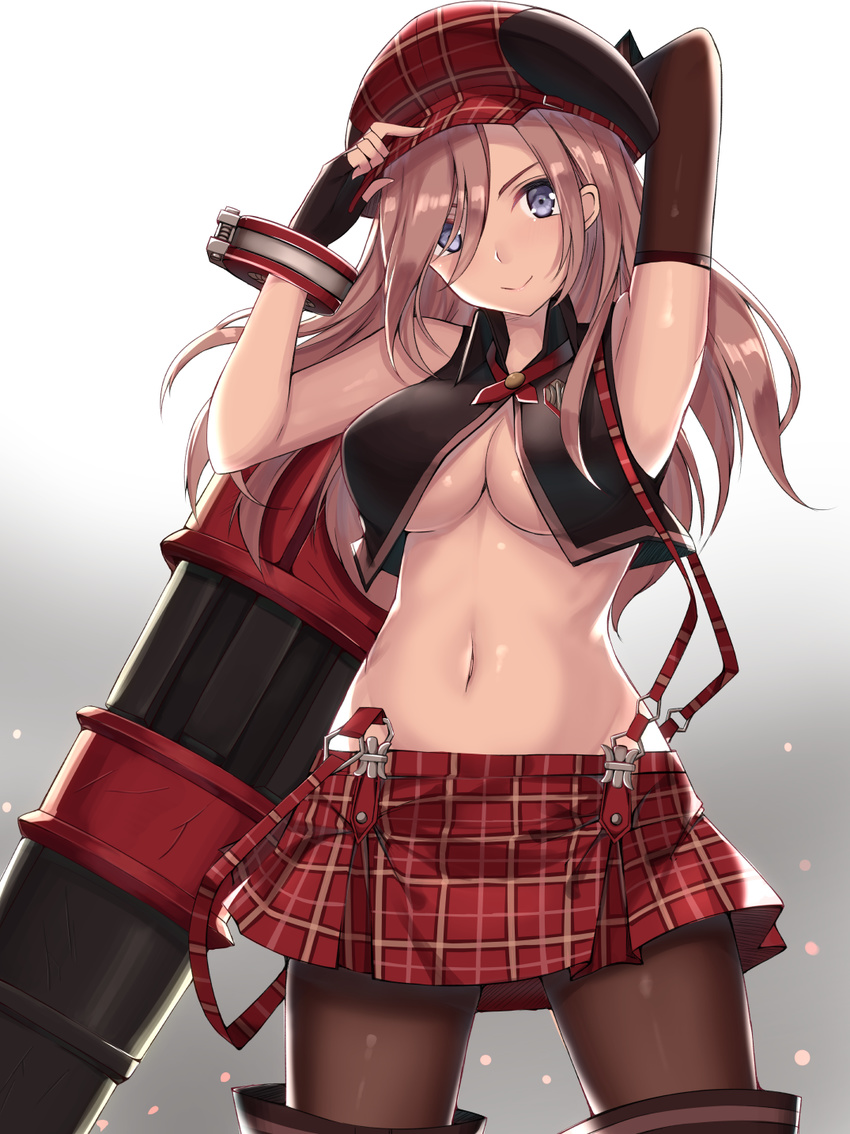 alisa_ilinichina_amiella arm_behind_head armpits blue_eyes boots breasts cleavage elbow_gloves fingerless_gloves gloves god_eater god_eater_burst gradient gradient_background hat highres kanikou large_breasts long_hair looking_at_viewer navel pantyhose plaid plaid_skirt silver_hair skirt solo suspender_skirt suspenders thigh_boots thighhighs underboob weapon