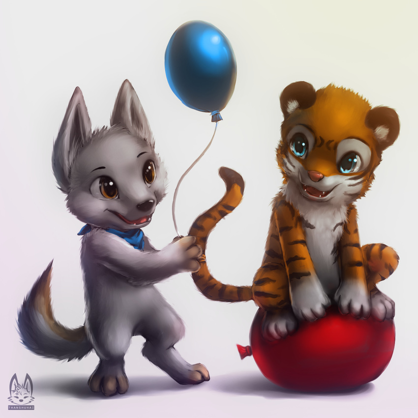 4_fingers 4_toes anthro ball balloon black_nose black_strips blue_eyes brown_eyes canine duo feline fur mammal open_mouth orange_fur paws pink_nose simple_background sitting smile standing striped_fur stripes teeth thanshuhai tiger toes white_background white_fur