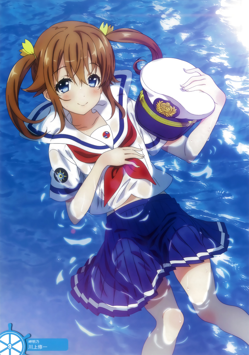 absurdres blue_eyes blue_skirt brown_hair collarbone from_above hair_between_eyes hat high_school_fleet highres kawakami_shuuichi long_hair looking_at_viewer misaki_akeno partially_submerged pleated_skirt school_uniform serafuku shirt short_sleeves skirt smile solo twintails wet wet_clothes wet_hair wet_shirt wet_skirt white_hat white_shirt yokosuka_girls_marine_high_school_uniform