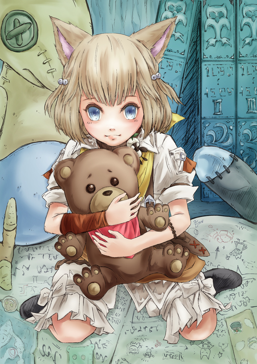 animal_ears bell blonde_hair bloomers blue_eyes cat_ears child doll_hug doodle drawing final_fantasy final_fantasy_xiv hair_bell hair_ornament highres khloe_aliapoh looking_at_viewer mandragora_(final_fantasy) miqo'te morere short_hair signature sitting smile solo sticker stuffed_animal stuffed_toy teddy_bear underwear wariza