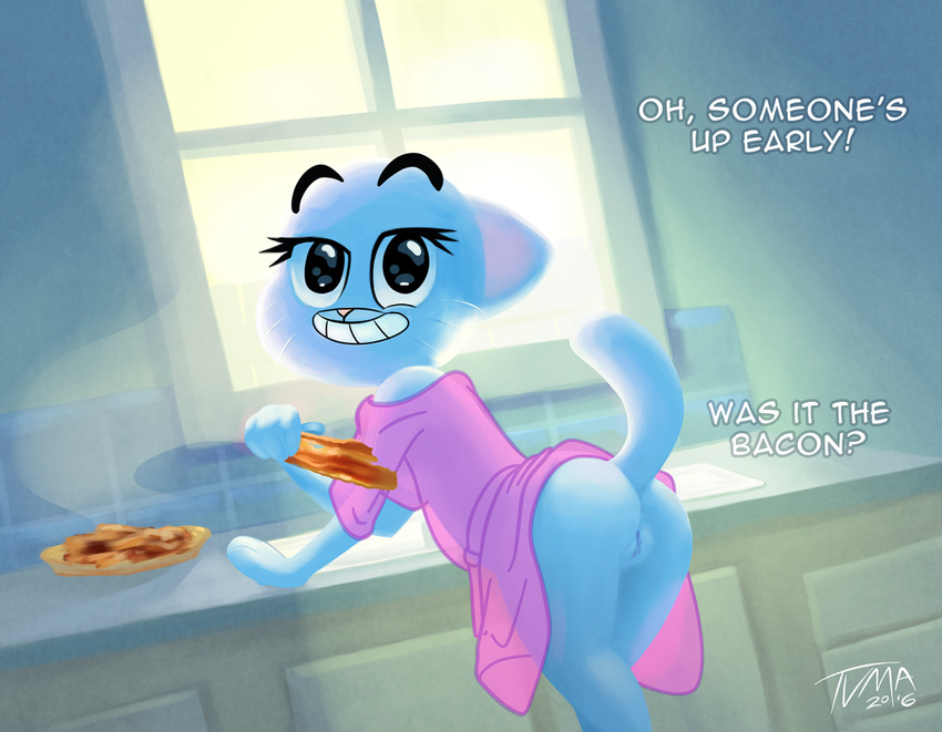 anthro bacon bent_over blue_fur breasts butt cartoon_network cat clothed clothing dialogue english_text feline female food fur looking_back mammal mature_female nicole_watterson parent pose presenting presenting_hindquarters pussy raised_tail skimpy smile solo text the_amazing_world_of_gumball tvma