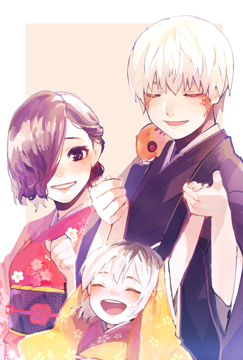 1boy 2girls alternate_costume alternate_hairstyle animal animal_on_shoulder arms_up black_hair black_sclera blush child commentary_request eyes_closed family floral_print flower grin hair_behind_ear hair_between_eyes hair_over_one_eye hand_holding happy highres japanese_clothes kaneki_ichika kaneki_ken kimono kirishima_touka looking_at_another mowar25 multicolored_hair multiple_girls new_year open_mouth pink_kimono purple_hair purple_kimono scar short_hair simple_background smile teeth tokyo_ghoul white_hair yellow_kimono