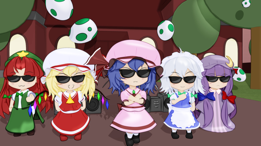 5girls :&lt; :3 :d apron ascot bat_wings beret black_footwear blender blonde_hair blue_bow blue_hair blue_ribbon boombox bow braid brooch brown_footwear chibi chinese_clothes clenched_hand commentary crescent crescent_hair_ornament crossed_arms crystal dress egg fang flandre_scarlet forest green_bow gs-mantis hair_bow hair_ornament hair_ribbon hat hat_ribbon highres hong_meiling izayoi_sakuya jewelry lavender_hair long_hair maid_apron maid_headdress mario_(series) mob_cap multiple_girls nature open_mouth outdoors pajamas patchouli_knowledge pink_dress puffy_short_sleeves puffy_sleeves purple_eyes purple_hair red_bow red_footwear red_hair red_ribbon red_skirt remilia_scarlet ribbon scarlet_devil_mansion shoes short_hair short_sleeves side_braid side_ponytail silver_hair skirt skirt_set smile speaker star striped sunglasses super_mario_bros. touhou tree twin_braids very_long_hair waist_apron white_legwear wings yoshi_egg