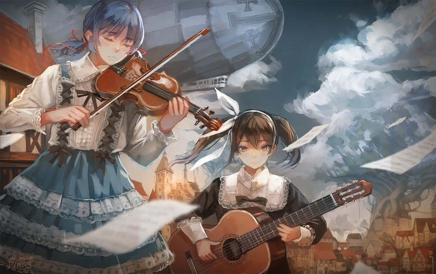 aircraft artist_name bad_id bad_pixiv_id blimp blue_hair blurry bow brown_eyes brown_hair city closed_eyes cloud depth_of_field dirigible european_clothes frilled_shirt frilled_skirt frills giant_tree guitar hair_bow hair_ribbon hairband highres house instrument lace lace-trimmed_shirt lace-trimmed_skirt light_smile long_hair looking_at_viewer multiple_girls music original paper playing_instrument pvmivs ribbon road sheet_music shirt short_hair short_twintails signature skirt sky street suspender_skirt suspenders tree twintails violin wind