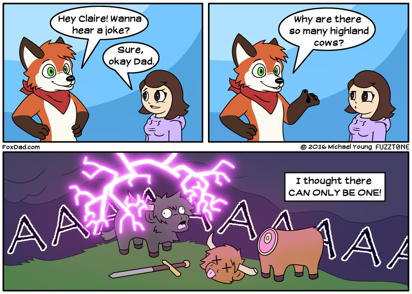 ! 2016 ? bovine breasts brown_eyes brown_hair canine clothed clothing comic daughter death english_text father father_and_daughter female fox fully_clothed fur fursuit fuzzt0ne green_eyes group hair hi_res hoodie human humor lightning male mammal melee_weapon open_mouth orange_fur outside parent pawpads scarf speech_bubble sword teeth text tongue tongue_out weapon white_fur young