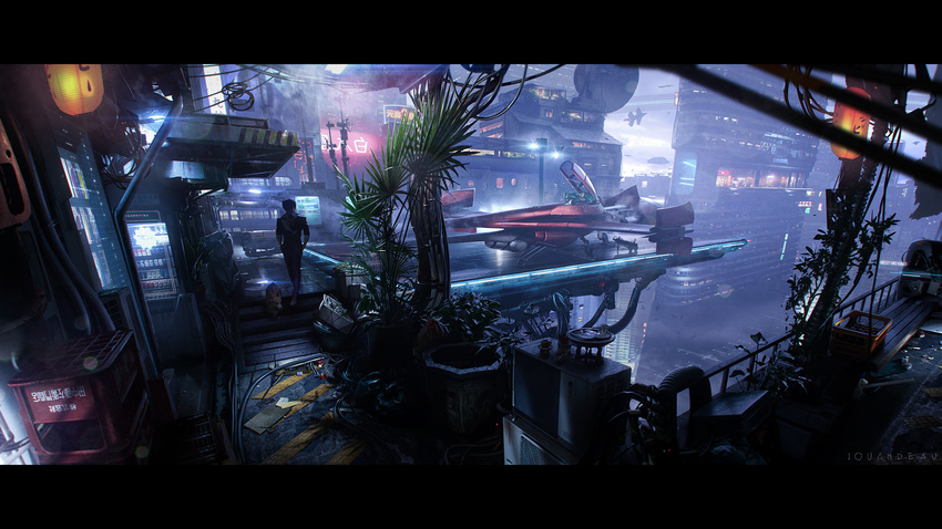 3d air_conditioner artist_name artstation_sample building cable cigarette cigarette_box cityscape commentary cowboy_bebop crate dark dog ein_(cowboy_bebop) full_body highres image_sample lantern lens_flare letterboxed male_focus neon_lights night outdoors plant potted_plant power_lines romain_jouandeau satellite_dish scenery science_fiction sign skyscraper smoking solo_focus space_craft spike_spiegel stairs swordfish_ii trash trash_bag vending_machine walking welsh_corgi