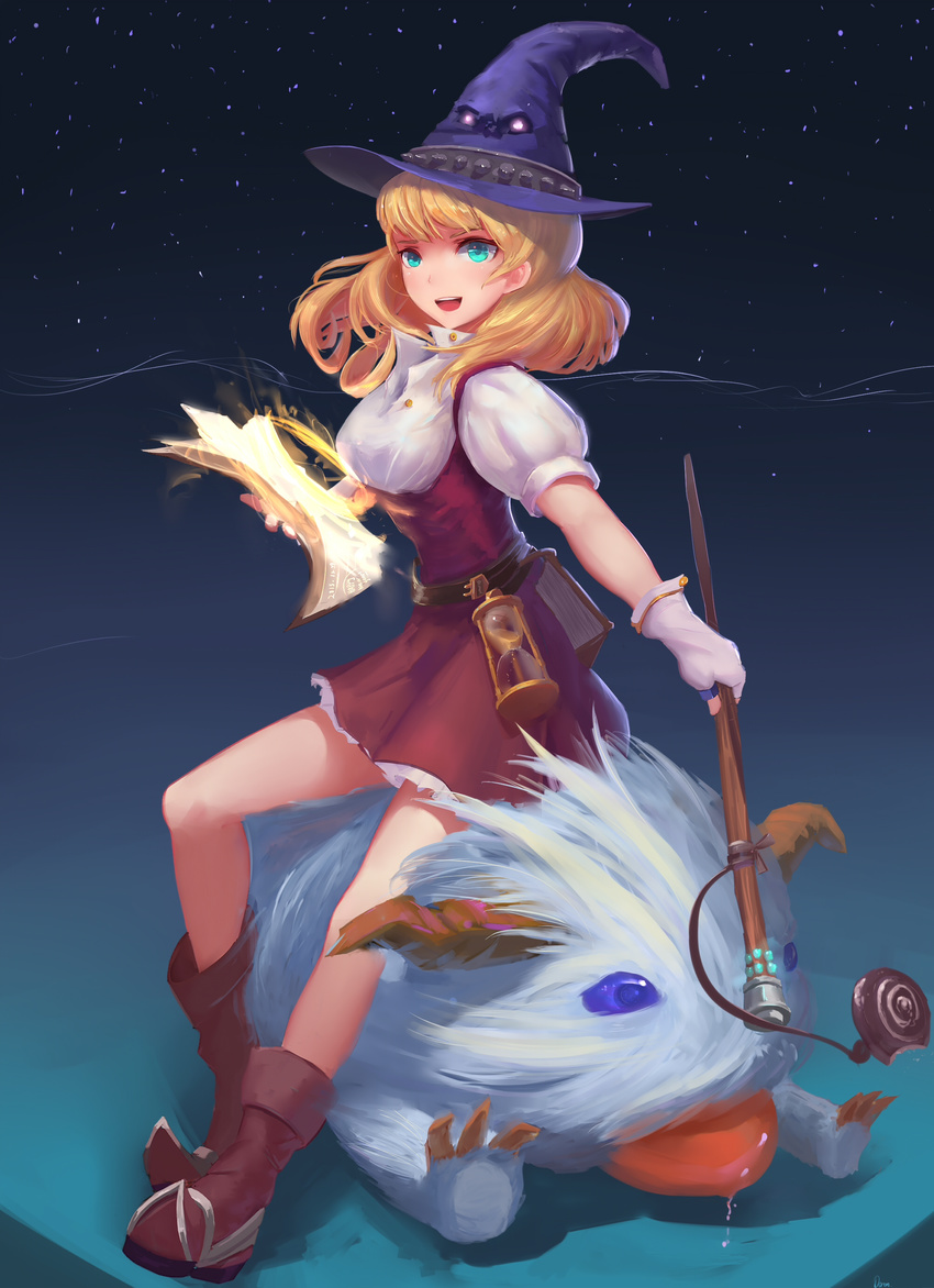 :d absurdres alternate_costume blonde_hair blue_eyes book boots brown_footwear doren gloves hat highres hourglass league_of_legends looking_at_viewer luxanna_crownguard nengajou new_year open_book open_mouth poro_(league_of_legends) purple_hat rabadon's_deathcap smile staff white_gloves zhonya's_hourglass