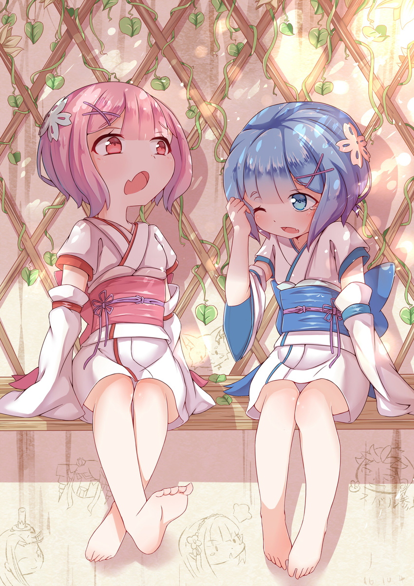 arms_at_sides bangs barefoot beatrice_(re:zero) blue_eyes blue_hair dappled_sunlight detached_sleeves emilia_(re:zero) feet flower foot_dangle graffiti hair_flower hair_ornament hand_on_own_forehead highres japanese_clothes kimono kotoba_(1074421015) looking_at_another multiple_girls natsuki_subaru obi one_eye_closed open_mouth pink_hair plant puck_(re:zero) ram_(re:zero) re:zero_kara_hajimeru_isekai_seikatsu red_eyes rem_(re:zero) roswaal_l._mathers sash short_hair siblings sisters sleeves_past_wrists sunlight tears trellis twins vines wide_sleeves x_hair_ornament younger