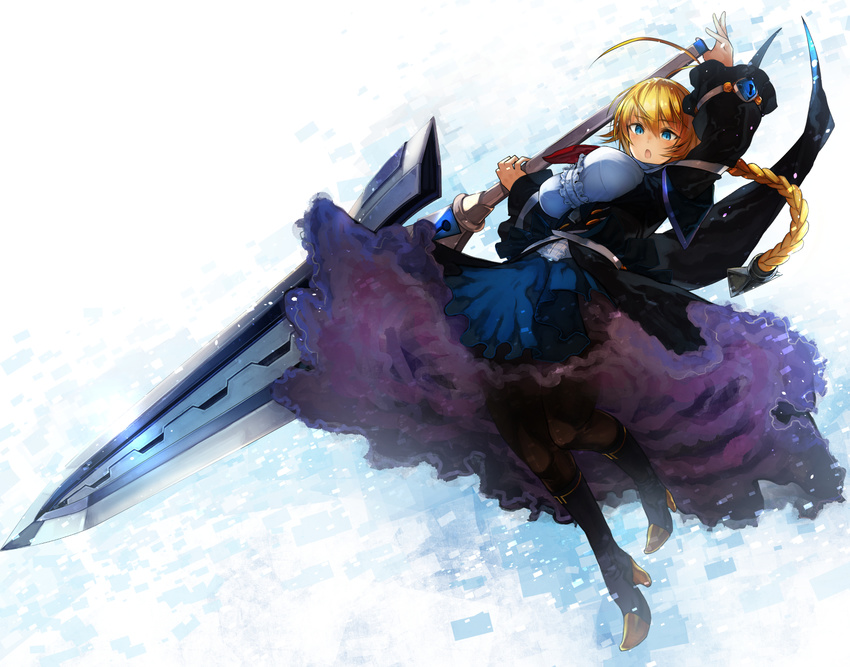 blazblue blazblue:_central_fiction blonde_hair blue_eyes braid breasts dress es_(xblaze) highres large_breasts long_hair nishiide_kengorou solo sword underbust weapon xblaze