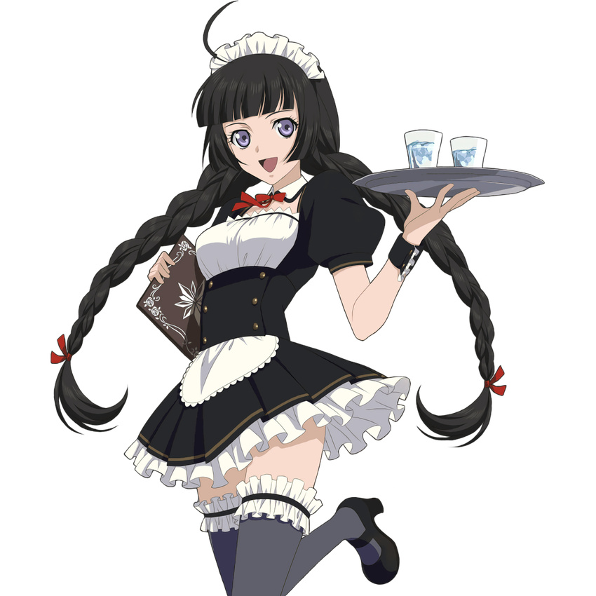 ahoge bangs black_hair blunt_bangs carrying cup frilled_legwear headdress holding kohak_hearts leg_lift long_hair looking_at_viewer low-tied_long_hair mary_janes menu official_art open_mouth purple_eyes shoes solo tales_of_(series) tales_of_hearts tales_of_link thighhighs transparent_background tray twintails waitress