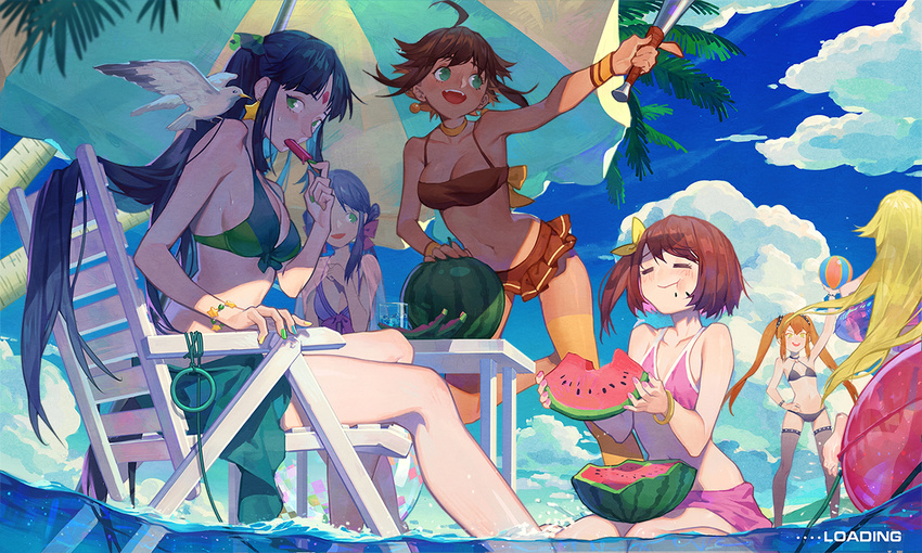 ahoge ball beachball bikini bird blonde_hair blue_hair braid brown_hair cloud day food fruit guan_yu_(sanguo_romance) innertube jian_yong_(sanguo_romance) long_hair multiple_girls ocean orange_hair sanguo_romance short_hair side_ponytail sky swimsuit twin_braids water watermelon yuukaku zhang_bao_(sanguo_romance) zhang_fei_(sanguo_romance) zhang_jue_(sanguo_romance) zhang_liang_(sanguo_romance)