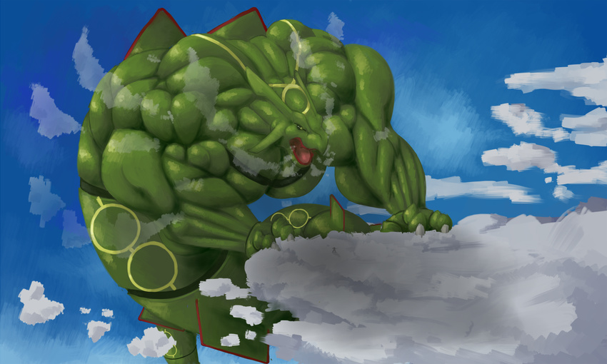 2016 3_fingers biceps big_biceps black_sclera blue_background blue_sky claws cloud colored detailed_background digital_drawing_(artwork) digital_media_(artwork) frown glare green_scales grey_claws hyper hyper_muscles legendary_pok&eacute;mon macro male markings muscular muscular_male nintendo open_mouth pok&eacute;mon rayquaza red_markings scales schwartzgeist shaded side_view simple_background sky solo video_games yellow_eyes yellow_markings