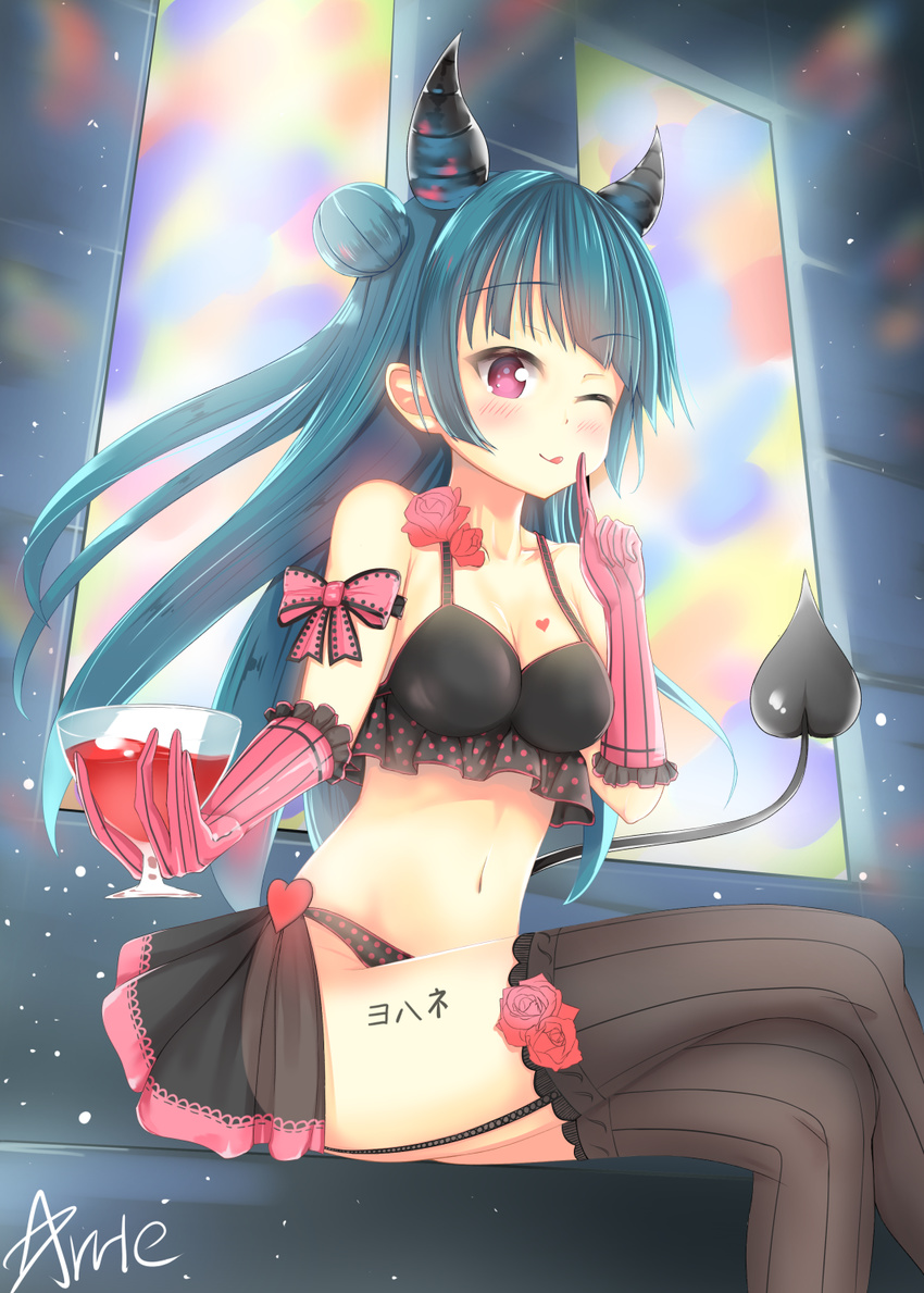 ;q arm_ribbon arrie_lapin artist_name bad_id bad_pixiv_id bangs black_legwear blue_hair bow bra character_name chest_tattoo demon_horns demon_tail elbow_gloves finger_to_mouth flower frilled_bra frilled_gloves frills garter_straps gloves goblet heart highres holding horns leg_tattoo lingerie long_fingers long_hair love_live! love_live!_sunshine!! one_eye_closed panties polka_dot polka_dot_panties purple_eyes red_flower red_rose ribbon rose see-through showgirl_skirt side_bun signature sitting solo striped striped_legwear tail tattoo thighhighs tongue tongue_out tsushima_yoshiko underwear vertical-striped_gloves vertical-striped_legwear vertical_stripes