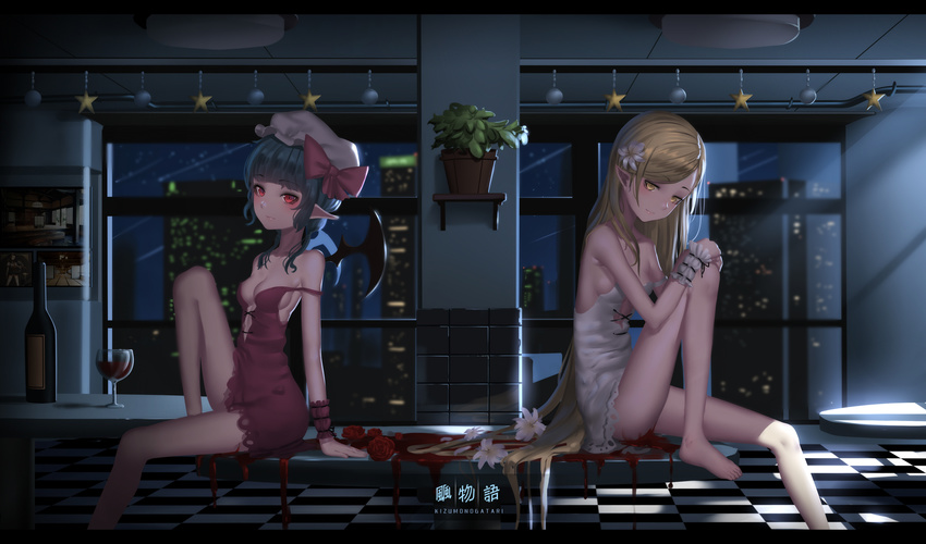 bangs bare_arms bare_legs bare_shoulders bat_wings blue_hair blunt_bangs blush bottle bow breasts building checkered checkered_floor cityscape cleavage closed_mouth collarbone copyright_name cup dress drinking_glass eyebrows eyebrows_visible_through_hair flower hair_bow hair_flower hair_ornament hat highres hk_(hk) indoors kizumonogatari light_rays looking_at_viewer mob_cap monogatari_(series) moonlight multiple_girls on_table oshino_shinobu petals pink_bow plant pointy_ears potted_plant red_eyes red_flower red_rose remilia_scarlet revision rose rose_petals short_hair sideboob sitting sitting_on_table skyscraper sleeveless sleeveless_dress small_breasts smile strap_slip swept_bangs table touhou trait_connection vampire white_dress white_flower white_hat wine_bottle wine_glass wings wristband