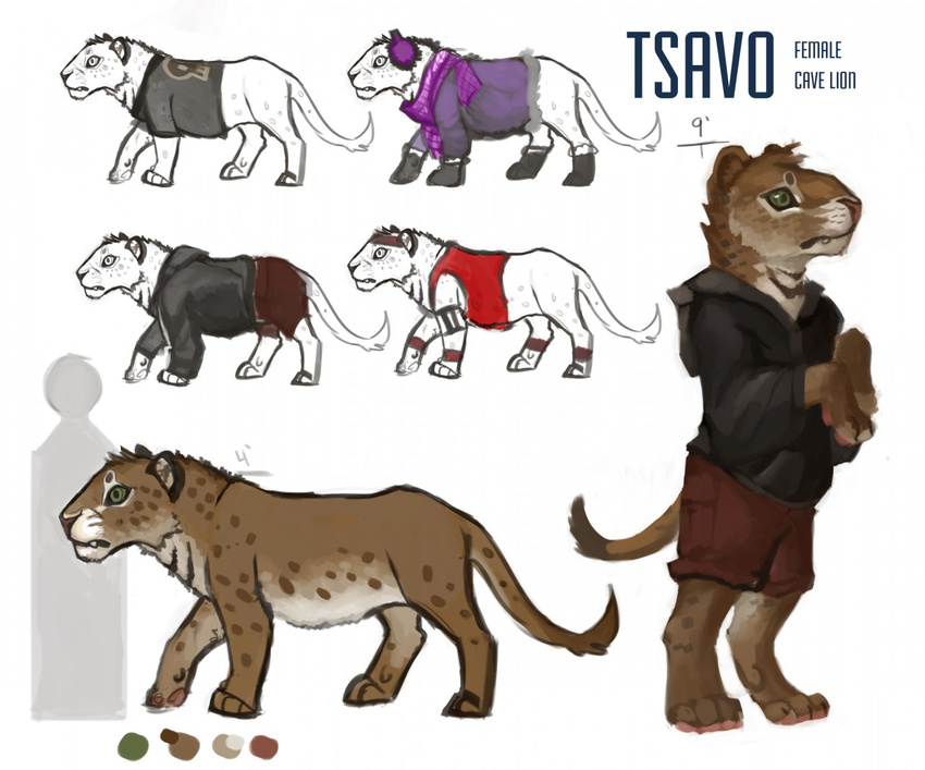 cave_lion clothed_feral clothing color_swatch english_text feline female feral firefeathers hoodie lion mammal model_sheet multiple_outfits nude on_haunches side_view text tsavo walking