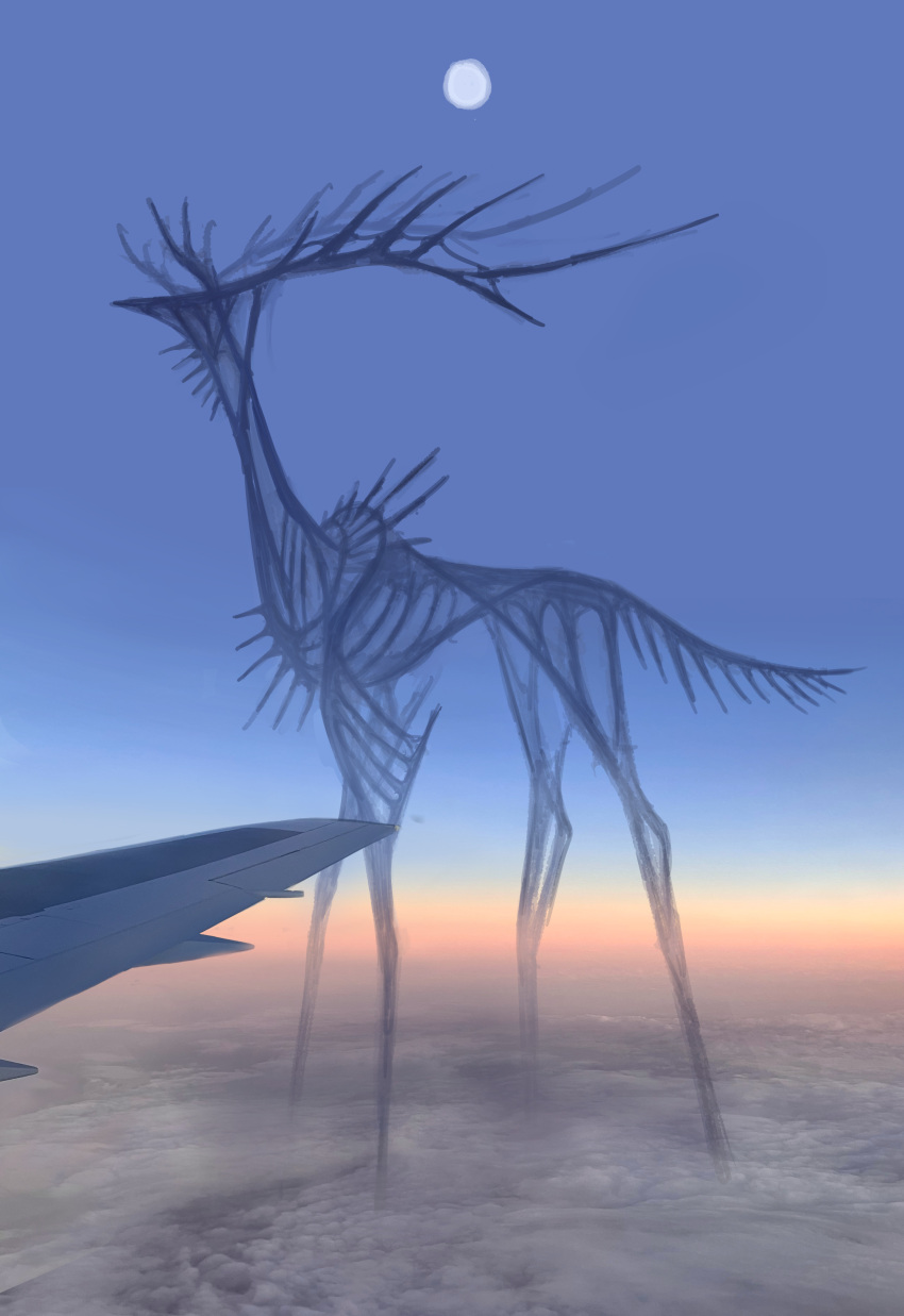 abstract absurdres aircraft airplane airplane_wing antlers black_horns blue_sky cloud floating giant giant_monster highres horizon horns keselum_(neganeura) monster monster_focus moon no_humans original scenery sky solo
