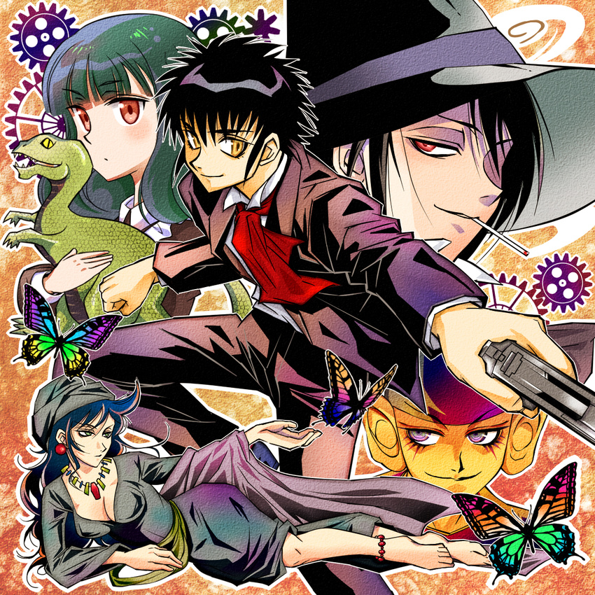 3boys black_hair bug butterfly cigarette crazy_pierrot creator_connection dual_persona formal gun hat highres insect liar_kyouju_no_gogo long_hair milk_(milk_ga_neji_wo_mawasu_toki) milk_ga_neji_wo_mawasu_toki mugen_mamiya mugen_shinshi multiple_boys multiple_girls neko_fujin_(liar_kyouju_no_gogo) orange_eyes pierre_(crazy_pierrot) purple_eyes red_eyes short_hair sironeko_miiko suit weapon yousuke_no_kimyou_na_sekai