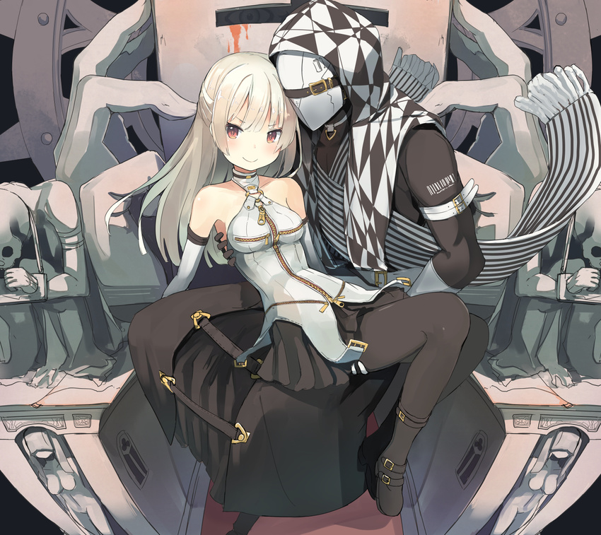 bare_shoulders black_legwear elbow_gloves gloves highres isegawa_yasutaka long_hair mask original pantyhose red_eyes scarf white_hair zipper zipper_pull_tab