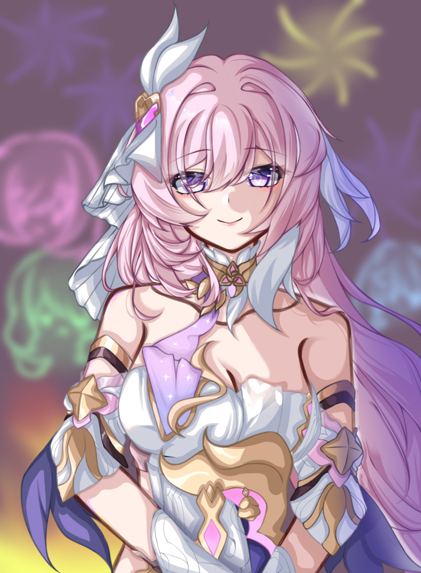 1girl absurdres aerial_fireworks ansha_da_wei bare_shoulders blurry blurry_background breasts chinese_commentary cleavage collarbone commentary_request corset diamond-shaped_pupils diamond_(shape) elysia_(herrscher_of_human:_ego)_(honkai_impact) elysia_(honkai_impact) fireworks highres honkai_(series) honkai_impact_3rd large_breasts long_hair looking_at_viewer multicolored_hair night night_sky pink_hair purple_eyes sky smile solo symbol-shaped_pupils triquetra two-tone_hair veil very_long_hair white_corset white_hair white_veil