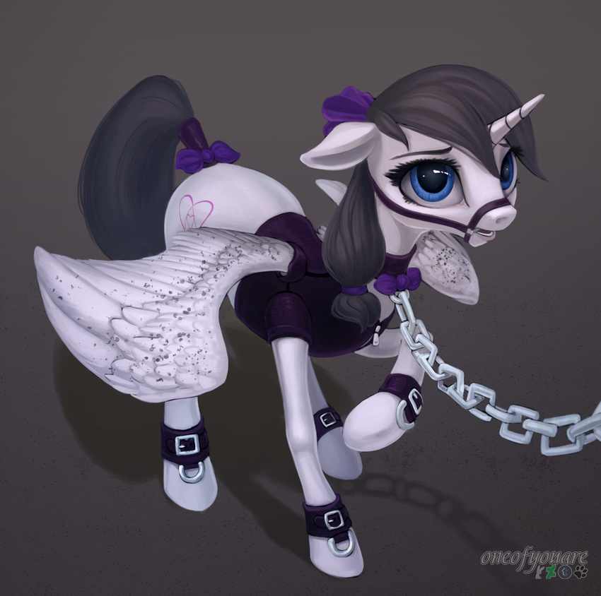 bdsm begging bit_gag bondage bound bow bridle chain chain_leash clothing collar cutie_mark equine fan_character female feral friendship_is_magic gag horn horse leash mammal my_little_pony oneofyouare prismwind puppy_dog_eyes quadruped spotted_wings vest wing_spots winged_unicorn wings