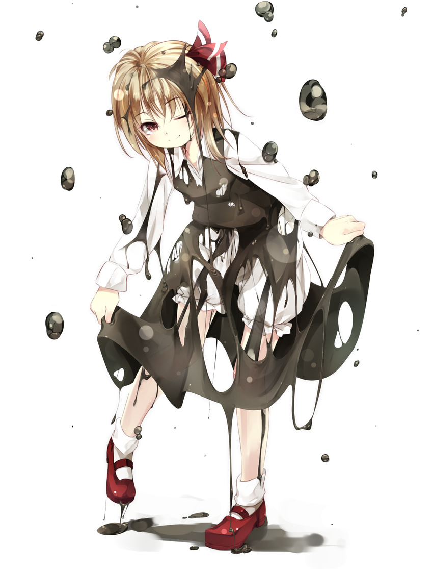 black_dress blonde_hair bloomers collared_shirt commentary_request dress full_body gorilla_(bun0615) hair_between_eyes hair_ribbon highres long_sleeves looking_at_viewer mary_janes melting one_eye_closed red_eyes red_footwear red_ribbon ribbon rumia shirt shoes skirt_hold smile solo touhou underwear white_background white_legwear white_shirt