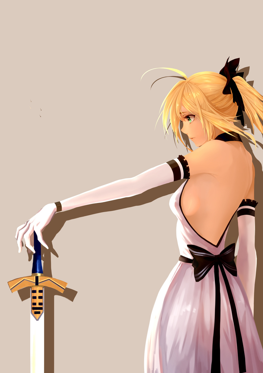 absurdres artoria_pendragon_(all) bare_shoulders breasts elbow_gloves excalibur fate/stay_night fate/unlimited_codes fate_(series) gloves grey_background highres medium_breasts planted_sword planted_weapon saber saber_lily sideboob solo sword tunhoy weapon