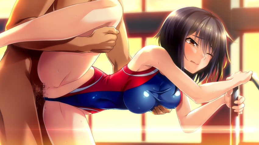 1boy 1girl arm_support black_hair blush breast_grab breasts brown_eyes censored clothed_navel erect_nipples game_cg guilty hetero ikoma_yui indoors leg_hold leg_up mosaic_censoring one-piece_swimsuit one_eye_closed pussy pussy_juice rape sex short_hair spread_legs standing sunset swimsuit swimsuit_aside toriko_no_kusari vaginal wince
