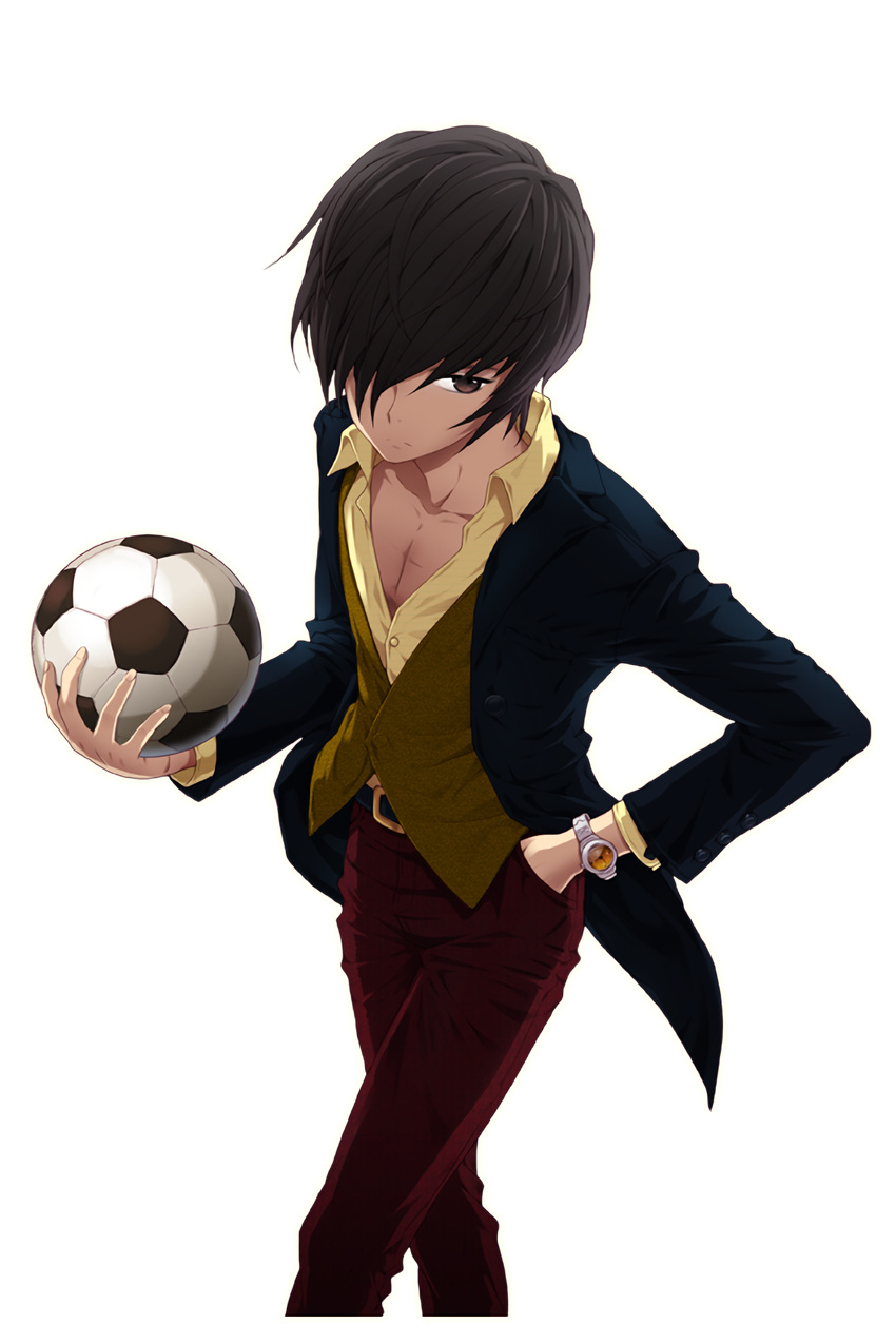 ball belt black_jacket brown_eyes brown_hair brown_vest buttons collarbone collared_shirt comiccho dress_shirt hair_over_one_eye hand_in_pocket highres holding holding_ball ingram_(soccer_spirits) jacket long_sleeves looking_at_viewer male_focus official_art open_clothes open_jacket pants purple_pants shirt soccer_ball soccer_spirits solo standing transparent_background vest walking watch wing_collar wristwatch yellow_shirt