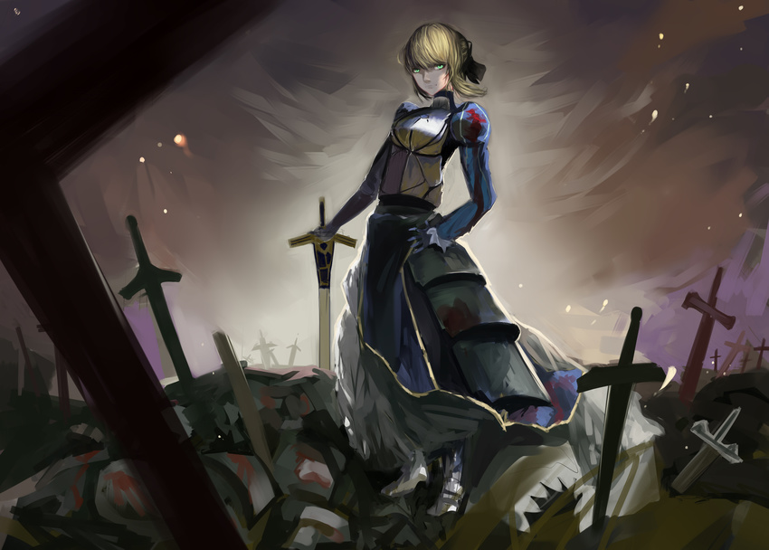 absurdres armor armored_dress artoria_pendragon_(all) blonde_hair excalibur fate/stay_night fate_(series) field_of_blades green_eyes hand_on_hip highres igugugugu juliet_sleeves long_sleeves planted_sword planted_weapon puffy_sleeves saber sketch solo sword weapon