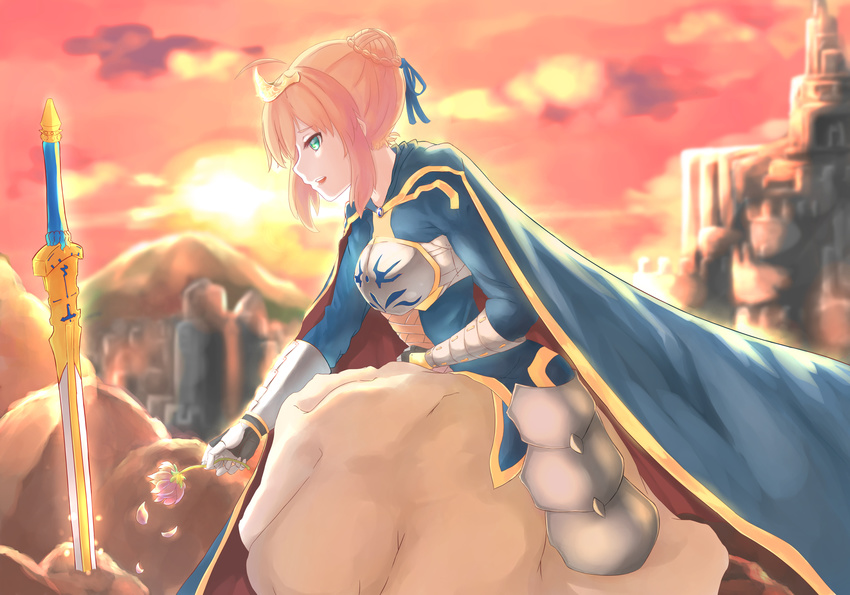 armor arondight artoria_pendragon_(all) blonde_hair blue_cape cape crown fate/stay_night fate_(series) flower gauntlets grave green_eyes highres planted_sword planted_weapon pleasure_mussel saber solo squatting sword type-moon weapon