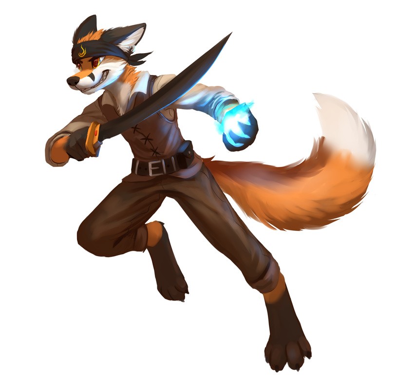4_toes anthro black_nose canine clothed clothing digitigrade fluffy fluffy_tail fox fur holding_object holding_weapon male mammal melee_weapon orange_eyes orange_fur simple_background smile solo sword teeth thanshuhai toes weapon white_background