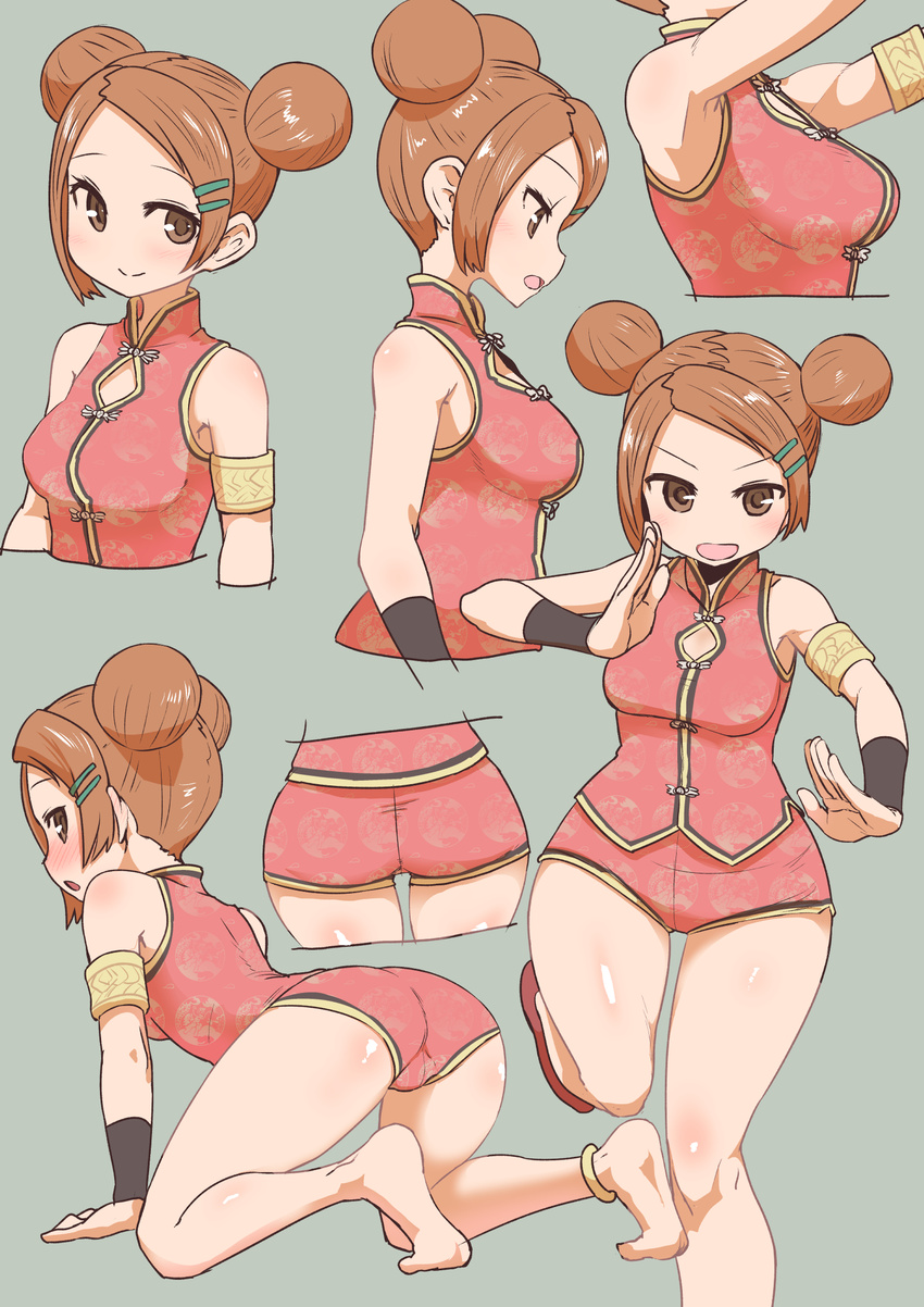 anklet armlet ass barefoot blush breasts brown_eyes brown_hair chinese_clothes double_bun dragon_gal hair_ornament hairclip highres jewelry medium_breasts mui_mui_(snk) no_socks shoes short_hair snk soles solo sumiyao_(amam) the_king_of_fighters the_king_of_fighters_xiv wide_hips wristband