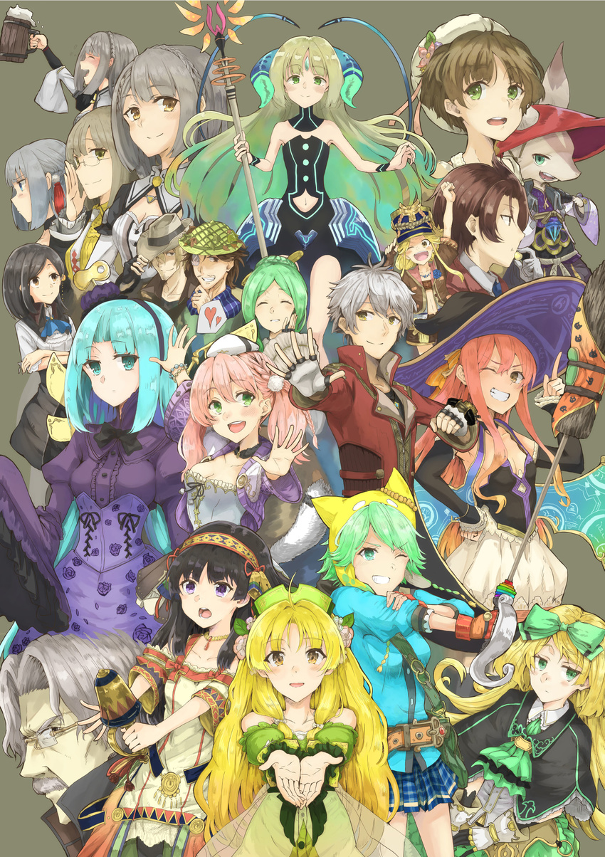 6+girls :/ :d :t ;d ^_^ absurdres adjusting_eyewear ahoge animal_hat antennae aqua_eyes aqua_hair atelier_(series) atelier_ayesha atelier_escha_&amp;_logy atelier_shallie ayesha_altugle bare_shoulders beer_mug bell black_gloves black_hair blonde_hair blue_eyes blush bow braid breasts broom brown_eyes brown_hair brown_shorts capelet cat_hat choker cleavage clenched_hand clenched_teeth clone_(atelier) closed_eyes closed_mouth collarbone corset crossed_arms cup cupping_hands detached_sleeves dress eating escha_malier eyebrows eyebrows_visible_through_hair facial_hair fingerless_gloves flameu_(atelier) floral_print frilled_sleeves frills fur_collar glasses gloves goatee green_bow green_dress green_eyes green_hair grey_gloves grey_hair grin hair_between_eyes hair_bow hairband hand_on_headwear hand_on_hip hand_on_own_cheek hand_on_own_chin harry_olson hat head_tilt headdress heart highres holding holding_cup holding_staff homura_(atelier) horns index_finger_raised jacket jewelry katla_larchica keithgrif_hazeldine linca_(atelier) logix_ficsario long_hair looking_at_another looking_at_viewer marion_quinn medium_breasts miruca_crotze monocle multicolored_hair multiple_boys multiple_girls mustache navel navel_cutout necklace nio_altugle odelia_(atelier) one_eye_closed open_mouth ota_tamashi outstretched_arm outstretched_arms pink_hair plaid plaid_skirt pleated_skirt profile purple_eyes reyfer_luckberry rimless_eyewear shallistera_(atelier) shallotte_elminus short_hair shorts skirt sleeves_past_wrists small_breasts smile solle_grumman staff tail teeth v-shaped_eyebrows very_long_hair wide_sleeves wilbell_voll=erslied winding_key wings witch witch_hat yellow_eyes