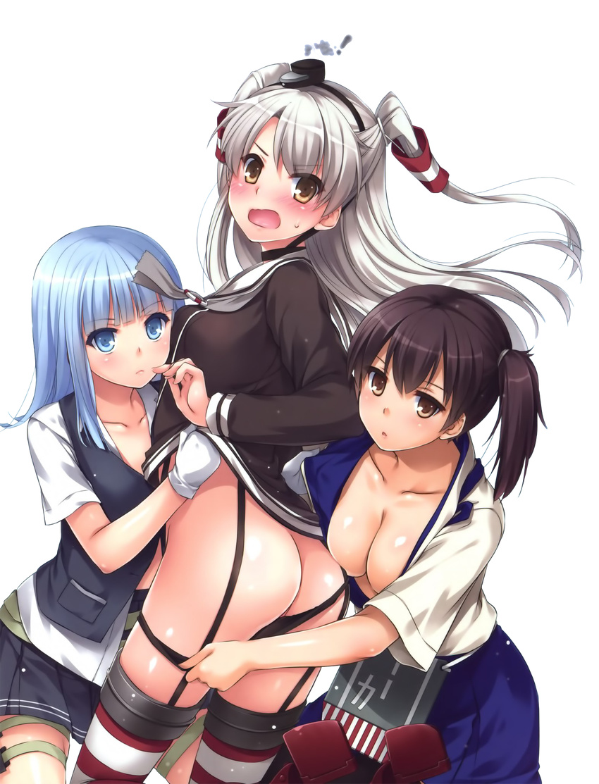 amatsukaze_(kancolle) ass cleavage hatsukaze_(kancolle) japanese_clothes kaga_(kancolle) kantai_collection nakajima_yuka no_bra open_shirt pantsu panty_pull photoshop seifuku shirt_lift thighhighs transparent_png undressing uniform yuri